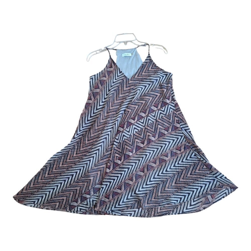 Calvin Klein Chiffon Cami Cocktail Dress Asymmetric Hem Lined Flowy Geometric 4 - Picture 11 of 12
